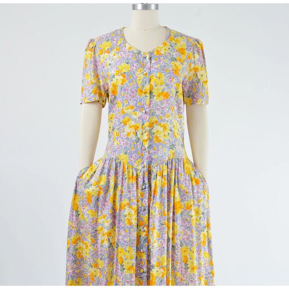 Vintage 90s Floral Button Front Puff Sleeve Drop Waist Maxi Dress with Pockets - Picture 1 of 9